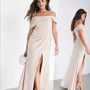 ASOS Satin Bardot Drape Wrap Maxi Dress - Light Pink